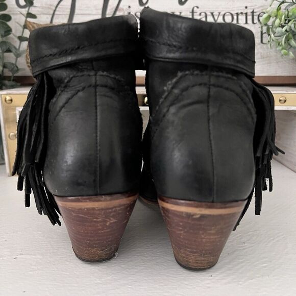 Sam Edelman Louie Western Ankle Boot Bootie Black Fringe Stacked Heel Size 8W - Picture 3 of 7